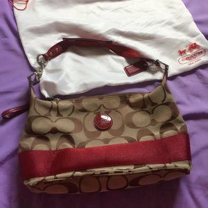 Coach Brown & Red Logo Canvas Leather Hobo Handbag